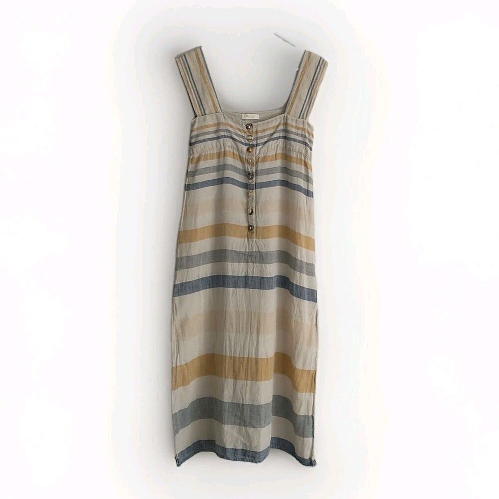 Prelude Maxi Dress S/XS*Striped Linen Button Sleeveless Straps Square Shift Slit